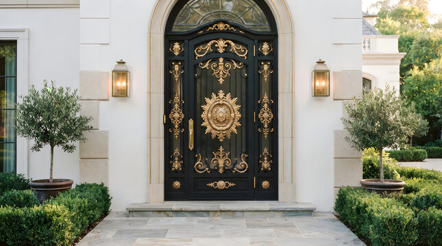 Sophisticated ornate front door of upscale classical residence with detailed gold metalwork entrance architecture