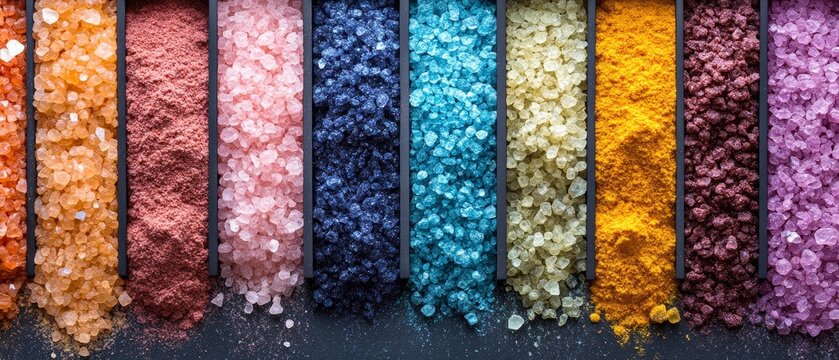 Colorful granular spices and salts arranged in vertical rows separated by dividers on a dark background.