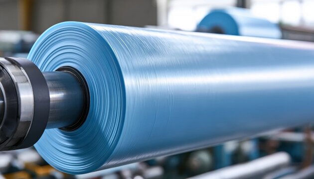 Large roll of light blue industrial plastic film mounted on manufacturing equipment
