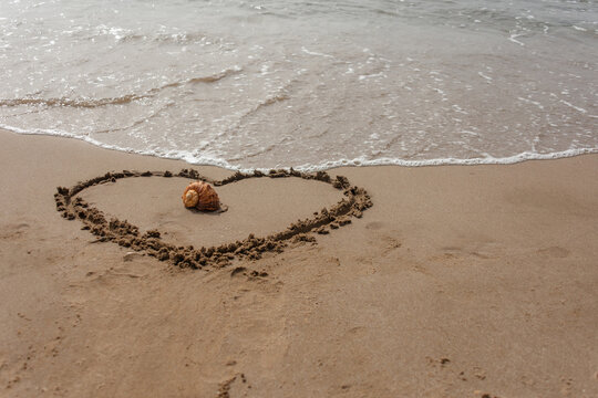 Romantic heart in beach sand with seashell and ocean background