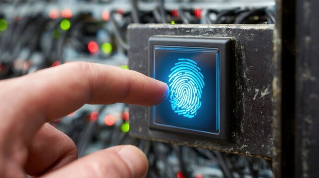 Human finger touching illuminated blue fingerprint scanner on industrial control panel