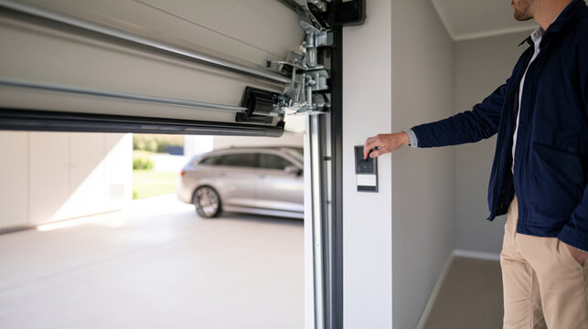 Homeowner Operating Wall Control Panel for Malfunctioning Automatic Garage Door