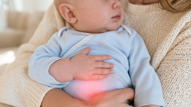 Infant with Stomach Discomfort Being Gently Held by Parent in Cozy Home