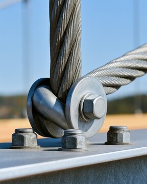 Heavy duty steel cable and shackle close-up with bolt and nut for industrial engineering brochure background and safety design