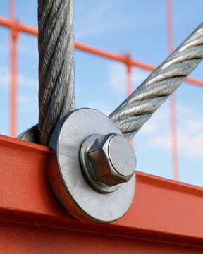 Steel cable and clevis connection close-up on painted metal bracket for construction engineering design background and equipment detail