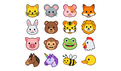 Fototapeta premium Cute Animal Faces Icon Set with Colored Flat Avatars of Wild and Domestic Pets for Kids Content Designs