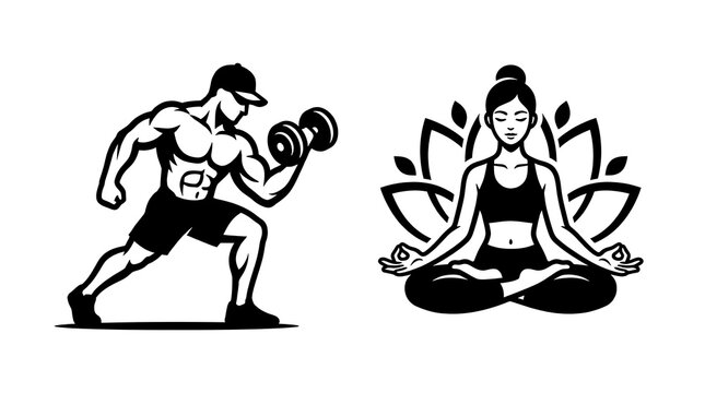 Bodybuilder lifting weights and woman practicing yoga in lotus.