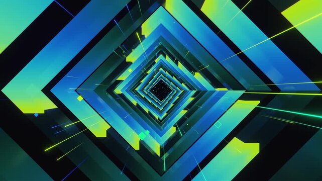 4k VJ loop of abstract geometric tunnel with twisting square corridor frames. Dynamic stage backdrop for electronic music festivals, dancefloors, club events, rave parties, and shows.