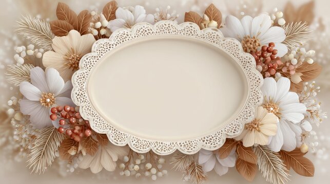 An empty oval lace-edged cream frame sits at the center, surrounded by a lush arrangement of dried neutral-toned flowers, pampas grass, and small red berry clusters