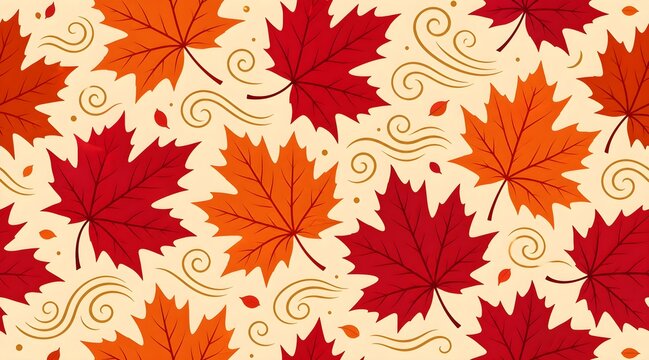 Vibrant autumn pattern with large scattered maple leaves in deep red and burnt orange,