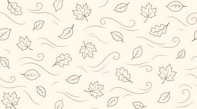 Minimalist line-art pattern of falling leaf silhouettes with thin curved wind-swirl lines,