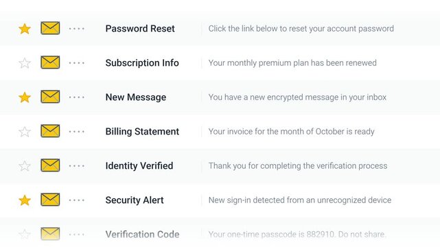 email inbox animation displaying account security alert and verification message