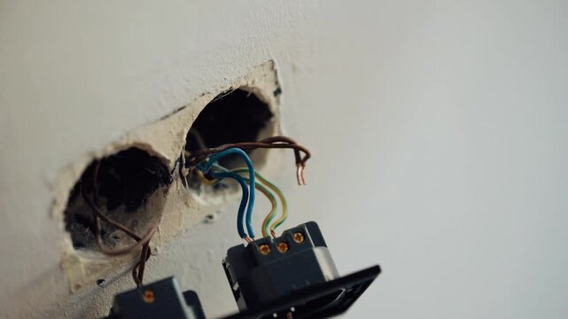 Hands are connecting wires to an outlet box while using pliers.