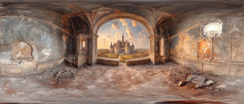 A panoramic view of a ruined interior with arched openings looking out onto a distant castle landscape.