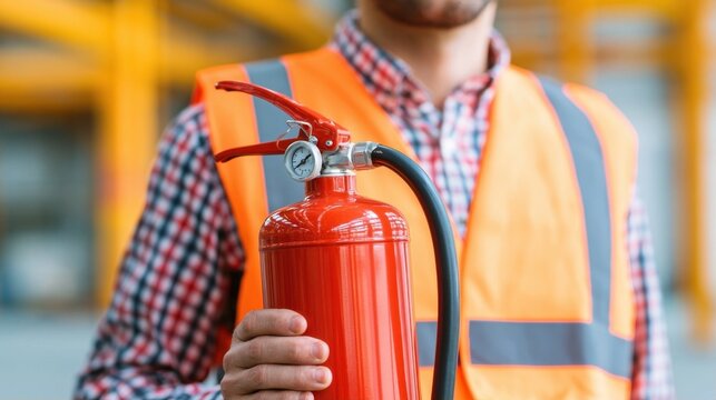 Male worker in orange safety vest holding a red fire extinguisher