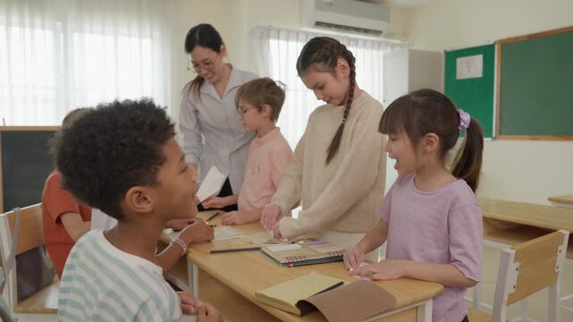 Classroom Children and Teacher Supporting Student Learning, Drawing Lesson and Education Activity with Diverse School Group, Multicultural Child Cooperation, Curiosity, Inclusion, and Joyful Study