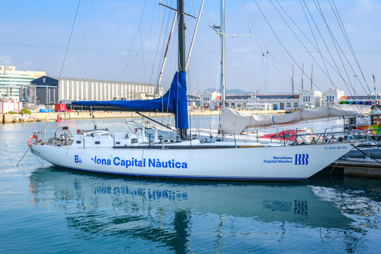 Sailing Yacht Barcelona Capital Nautica Docked in Port, Barcelona, Racing Boat Moored at Harbor Pier