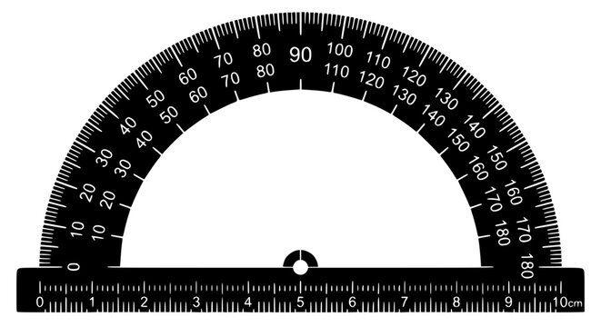 Black protractor ruler measuring 180 degrees on white background for math and design precision