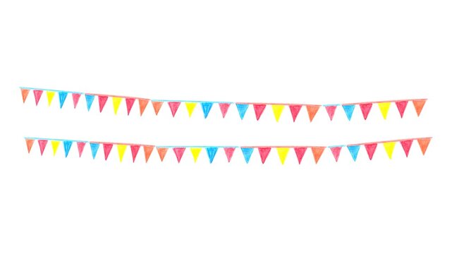 Colorful Triangular Party Flags Garland Animation Isolated on White - Festival Concept