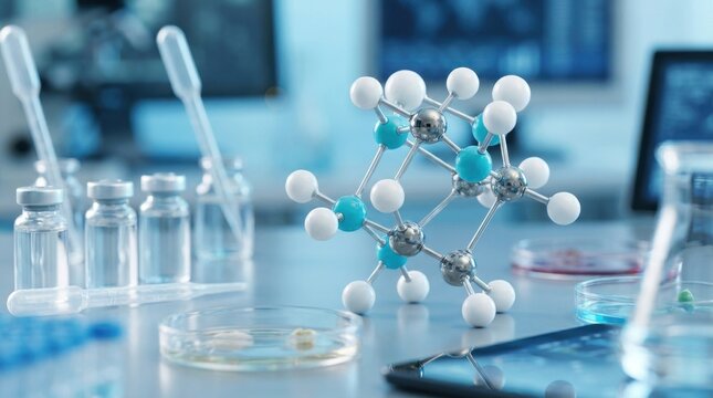 Molecular Health Analysis: Mineral molecule model surrounded by laboratory instruments and scientific samples 