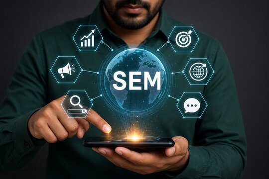 Hands holding smartphone with sem concept hologram over dark background