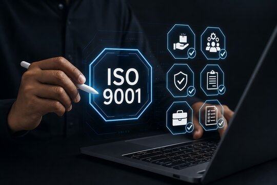 Hands typing on laptop with iso 9001 quality standard concept hologram