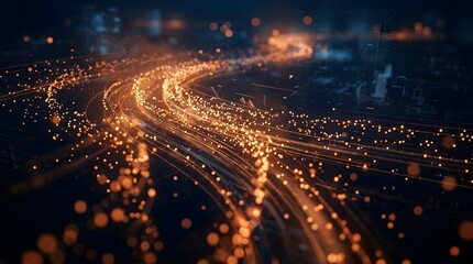 Fototapeta premium Abstract digital transformation network with glowing lines and city skyline background