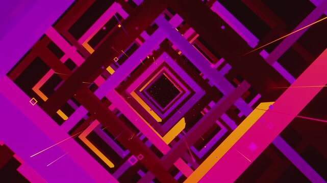 4k VJ loop of abstract geometric tunnel with square corridor frames. Dynamic stage backdrop for electronic music festivals, dancefloors, club events, rave parties, and shows.