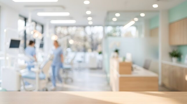 Blurred background of a modern medical clinic interior with doctors and staff working at the reception desk