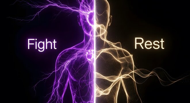 A graphic comparing sympathetic and parasympathetic nervous systems labeled Fight and Rest.