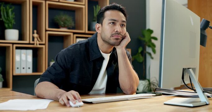 Bored, businessman and lazy day with computer for fatigue, burnout or tiredness in office. Exhausted, man or employee with insomnia or technology for business deadline or procrastination in workplace