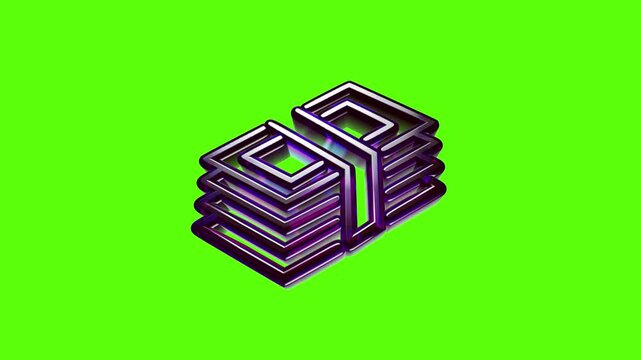 Isometric stack of paper money banknotes with a neon glitch effect on a vibrant green background