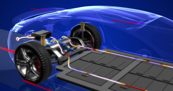 Close up view of electric car chassis with floor battery pack and suspension system. EV Cars Technology Related 4K 3D Animation.