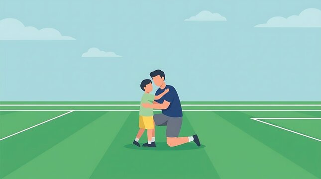 Father hugging young son on green football field.