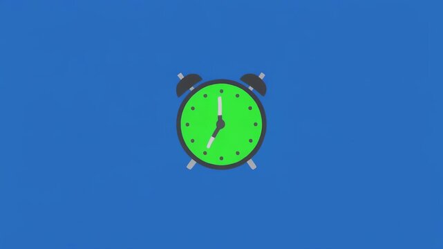 Green alarm clock ticking showing passing time against a blue background with black stripes