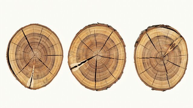 Three round wooden cross sections with visible tree rings and cracks forestry cylindrical material isolated