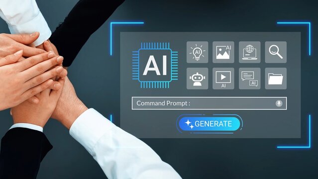 Team Collaboration in Digital Innovation with Hands Covering a Screen Displaying AI Command Prompt and Tools for Future Technology Development Gluon.