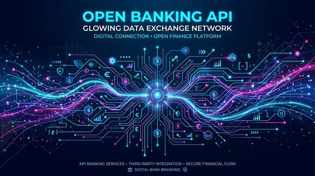 Open banking API digital network with glowing data exchange and futuristic financial technology interface