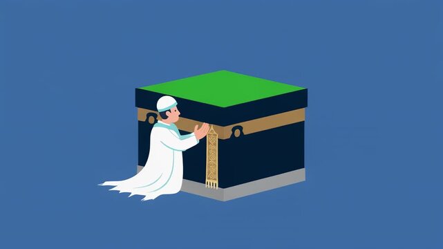 Pilgrim praying at Kaaba in Mecca with green top under blue sky