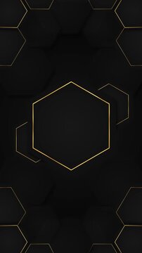 Golden hexagon borders animate across a black surface with a clear center for text or brands. Perfect for business intros, premium packaging, awards, 19 presentations, and elegant 3D displays.