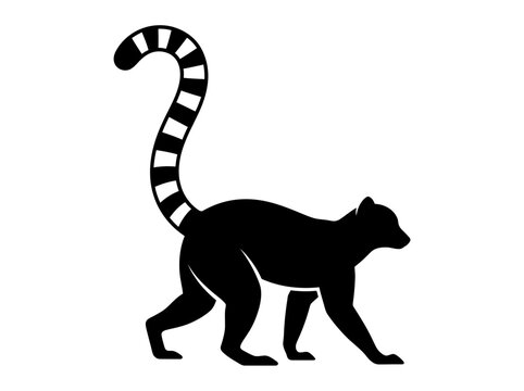 Minimalist black lemur vector illustration showing a side profile view with a long striped curled tail