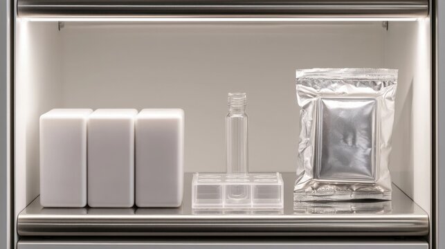 Metallic shelf inside a scientific storage unit with white containers and a sealed package