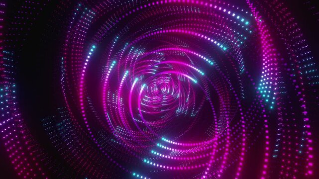 Seamless VJ loop of futuristic geometric spiral tunnel formed by glowing pixel particle rings. Dynamic illuminated stage backdrop for electronic music festivals, dancefloors, club events, and rave sho