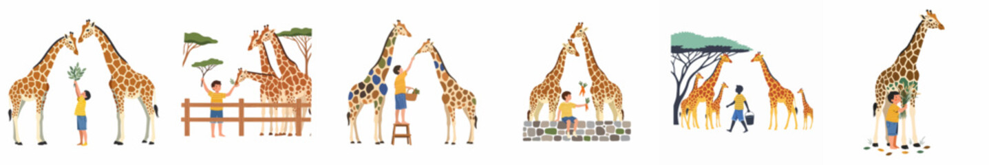 Obraz premium Watercolor illustrations set featuring a child interacting with, feeding, and caring for giraffes in a zoo or safari setting.