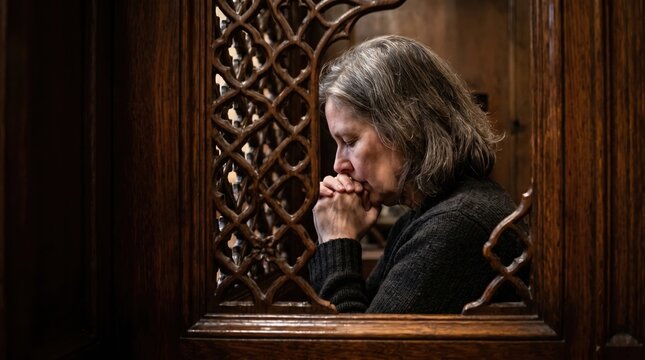 Woman praying inside a wooden confessional booth in a Catholic church. Sacrament of penance and reconciliation. Contemplative female parishioner in prayer