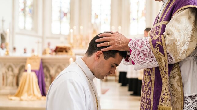 Catholic priest laying hands on a kneeling man during ordination. Religious ceremony in a church. Holy sacrament of holy orders