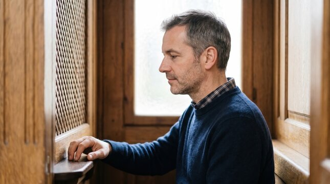 Man in a wooden confessional booth inside a church. Catholic sacrament of penance and reconciliation. Profile of a man confessing sins
