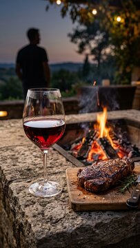 Red wine glass and grilled steak by outdoor fire pit on stone terrace at twilight