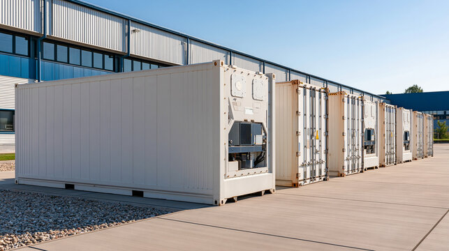 Portable refrigeration containers positioned beside an industrial facility for temporary cold-storage use, unbranded white exteriors and visible cooling units in bright daylight, reefer