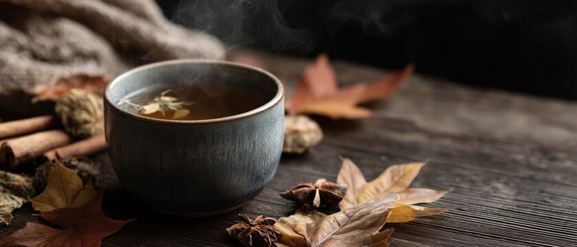 Steaming herbal tea in blue ceramic cup surrounded by dried autumn leaves and spices